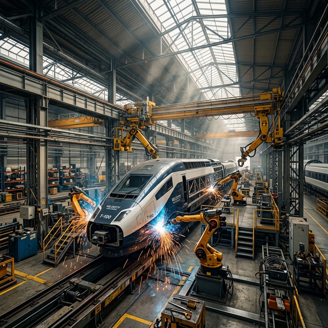 A massive modern train manufacturing facility interior showing a high-speed locomotive being assembled on a production line with industrial steel framework and robotic welding arms at work under dramatic overhead lighting